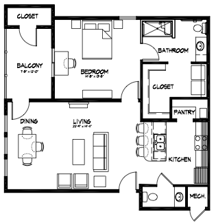 Floor plan for 1 bed, 1.5 baths, 956 sqft